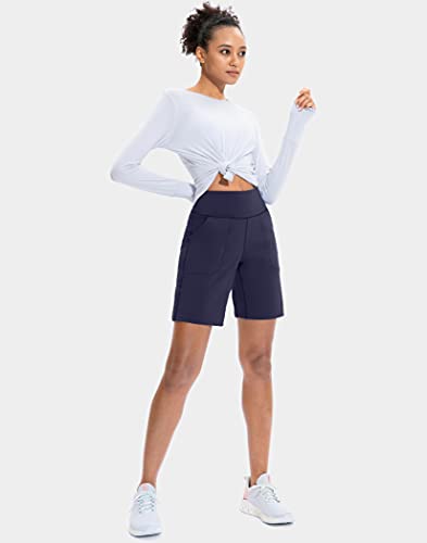 Image of SANTINY Bermuda Shorts for Women with Zipper Pocket Womens High Waisted Long Shorts for Running Workout Athletic