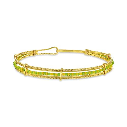 Gold Plated Babalawo Green and Yellow Beads Bangle Orula Bracelet for Women - Beautiful Gold Plated Orula Bangle Bracelet - Stylish Protection Jewelry for All Occasion