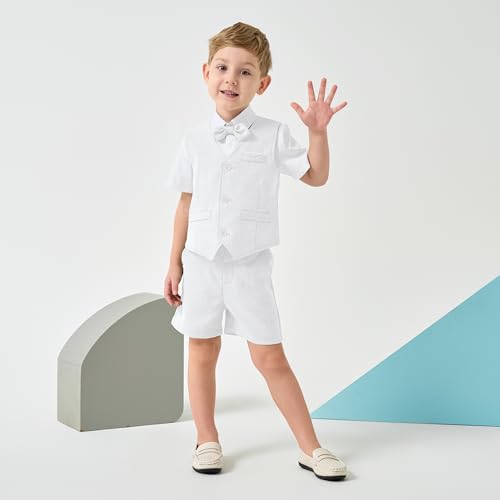 Image of Volunboy Baby Boys Summer Suits Short Sleeve Wedding Ring Bearer Outfits 4Pcs Graduation Dress Vest Shirt Bowtie Shorts Set