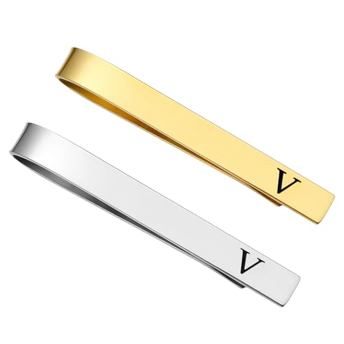 Image of GWD Stainless Steel Tie Clips for Men Personalized Initial Tie Bar Set | 2 Pcs Classic Letter Tie Clips for Men, Silver and 14K Gold Plated Tone