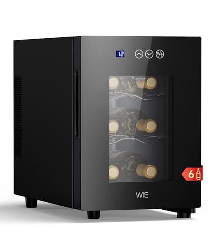 WIE Weinkühlschrank Klein 6 Flaschen - Mini Kühlschrank mit Glastür 416C Getränkekühlschrank mit UV-Schutz Glastür LED Touchpanel 3 Ebenen <42 dB für Zuhause Bar Schlafzimmer
