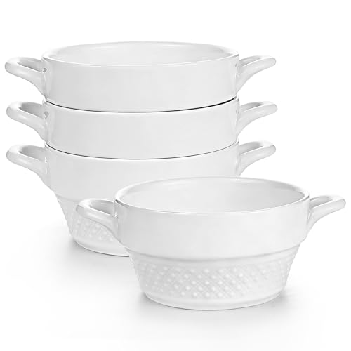 Image of Aleker Ceramic Soup Bowls Breakfast Bowls with Handles Set of 4, 300ml French Onion Soup Bowls Dessert Bowls, Embossed Serving Bowls for Soup, Cereal, Pasta, Quiche, Salad Oven Dishwasher Safe