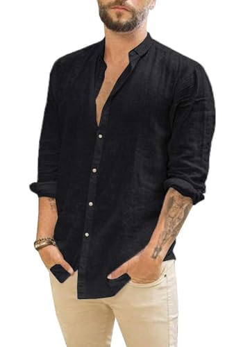 Makkrom Men Linen Shirt Button Down Long Sleeve Cotton Beach Band Collar Casual Summer Shirts