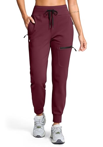 G Gradual Womens Fleece Lined Joggers Hiking Pants 4 Zipper Pockets High Waisted Water Resistant Winter Running Sweatpants Wine Medium