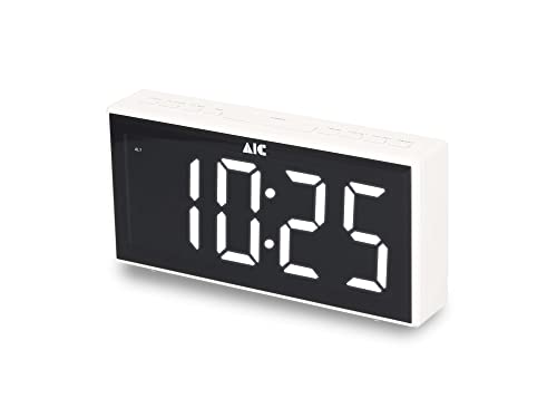 AIC - Radio Reloj Despertador Digital Portátil con Radio FM, Pantalla LED Blanca tamaño Jumbo de 24 x 11 cm, Brillo Regulable 5 Niveles, Alarma Doble, Batería de Respaldo, Mod. 48XXL Color Blanco