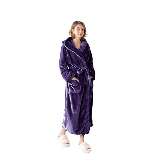 Robes for Women – Hooded Plush Fleece Bathrobe with Sash & Pockets, Full-Length Lightweight Spa Robe