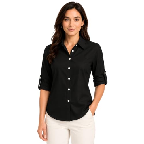 Image of Women's Button-Down Shirt, Long Sleeve, Collared Blouse, Relaxed Fit, Casual and Office Wear