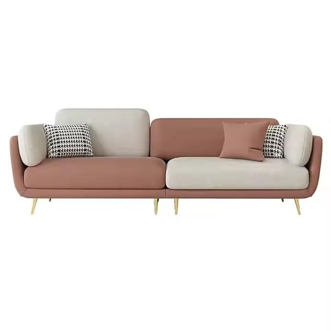 Image of Modern & Luxury Cushioned Couch Relax sectional Sofa in Fabric & Velvet and Heavy Duty Sofa Ideal for bedrooms, Living Rooms, Guest Rooms, Homes, and Office-(4 Seater Pink & Beige).