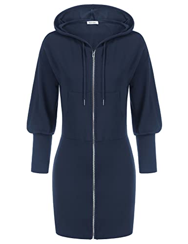 Dark Blue Women s Full Zip Long Hoodie Sweatshirt Dress Drawstring Shirt Dress S