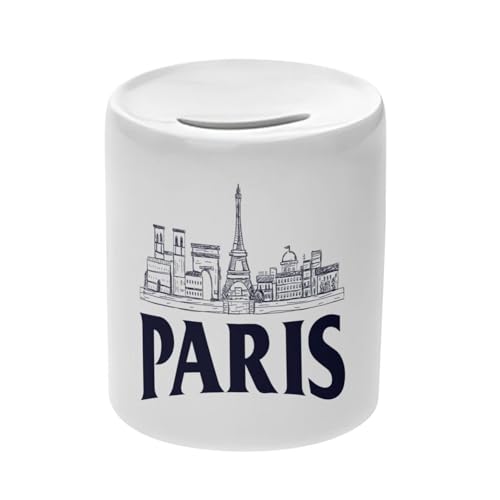 Tirelire Céramique Blanche - Paris Minimalist France Ville Tour Eiffel Louvre - Boîte à Monnaie avec Bouchon Décoration Chambre Imprimé en France
