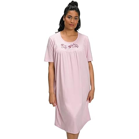 Ulla Popken Damen Natkjole, blomsterbroderi, rund hals, halværmet Nachthemden, Helles Flieder, 46-48 EU Cover