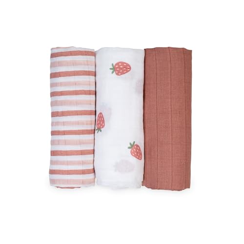 Image of lulujo Baby Receiving Blanket| Unisex Softest 100% Cotton Muslin Blanket| Neutral Receiving Blanket for Girls & Boys | 28in x 28in | Baby Gift| Strawberries
