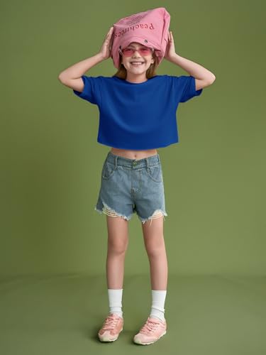 Image of Girls Athletic Oversized Crop Tops Kids Drop Shoulder Short Sleeve T Shirts Workout Tees 5-14 Years