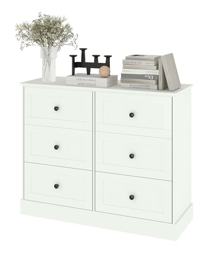 Soayone - Cómoda blanca con 6 cajones, 108 x 40 x 75 cm, grande, cómoda, dormitorio, adulto, armario de almacenamiento, color blanco de madera, cómoda de almacenamiento para dormitorio, salón, pasillo