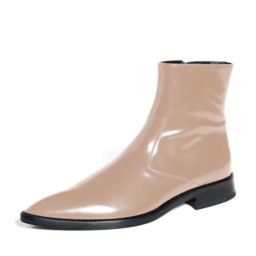 sarawill Women's Pointed Toe Flat Ankle Boots Fashion Patent Side Zipper Low Chunky Heel Booties Fall Winter Office Wedding Dress Chelsea Boots for Women