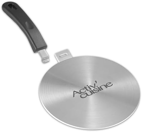 ACTIV CUISINE Difusor de calor de 5.5 pulgadas, placa adaptadora de inducción de acero inoxidable, mango extraíble, utensilios de cocina de leche de