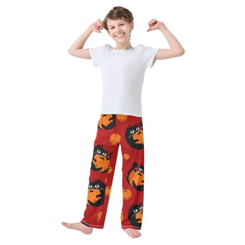 Cat and Pumpkin Boys Pants Boys Athletic Pants Long Pant for Boywith Pockets Wide-Leg Size 6-14Y3