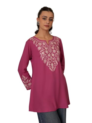 Image of QAZMI Women's Aari Embroidered Viscose Rayon A-Line Flared Short Kurti