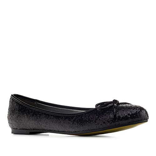 Andrés Machado – Clásicas Bailarinas de Mujer con Mini Tacón y Lazo Decorativo - TG104 - Flats para Mujer - Zapatos Muy Cómodos – Glitter Negro, Talla EU 42