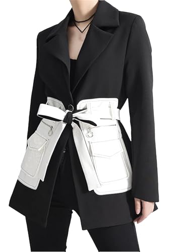 Women Contrast Color Pocket Notched Blazer Lapel Long Sleeve Loose Fit Jacket