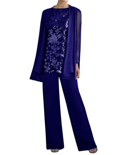Image of 3 Pieces Mother of The Bride Dresses Pant Suits - Lace Chiffon Long Sleeve Grandmother Dresses with Jacket