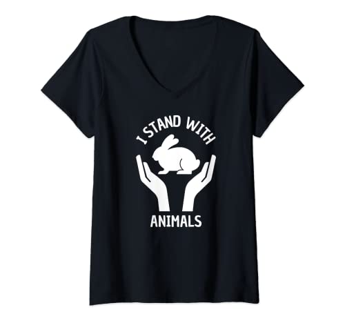 Femme T-shirt de protection pour animaux mignon et amusant avec inscription « I Stand With Animals » T-Shirt avec Col en V