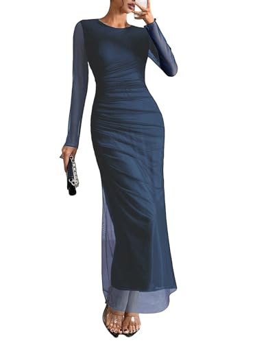 Image of Women's Tie Dye Long Sleeve Maxi Dress Mesh Bodycon Ruched Night Out Formal Cocktail Long Dress for Wedding Guest Party