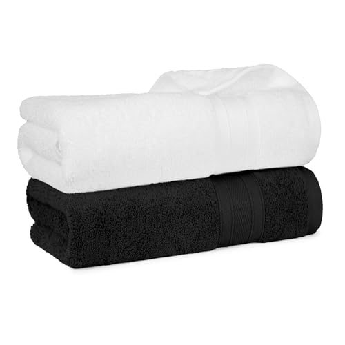 Image of MYTRIDENT Soft Comfort Air Rich 100% Cotton Towels for Bath, 500 GSM Large Size Bathroom Towels for Men /Women, 2PC Bath (69 cm x 137 cm), Black and White
