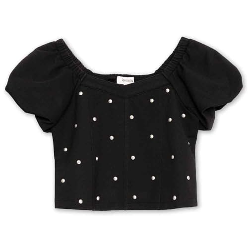 Image of Speechless Girls' Short Sleeve Knit Denim Studded Pullover Top
