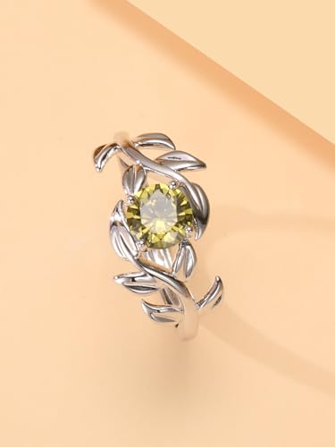 0.8CT Adjustable Women Leaf Ring, 12-Month Birthstone Rings for Women 6mm Round-Cut Simulated Gemstone Statement Engagement Stackable Ring, White Gold, Open Size 5-94