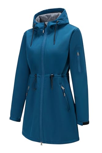 Image of FARVALUE Women's Long Softshell Jacket Waterproof Lightweight Warm Windproof Hooded Fleece Lined Rain Coat for Outdoor