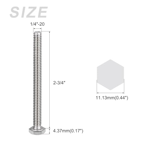 Image of METALLIXITY Hex Head Bolts (1 /4-20 x 2-3 /4 inch) 20Pcs, 304 Stainless Steel 18-8, Fully Threaded, External Hex Drive, Plain Finish, Hex Head Screw Bolt, Silver