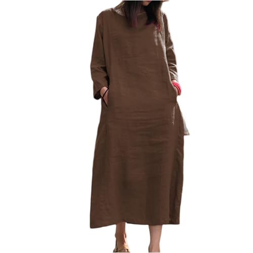 Vestido Casual De Manga Larga para Mujer Redondo con Bolsillos Laterales Básico Diario Café M