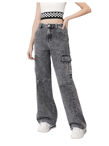 OYOANGLE Girl's Washed Elastic Waist Wide Leg Cargo Jeans Casual Baggy Denim Pants with Pocket3