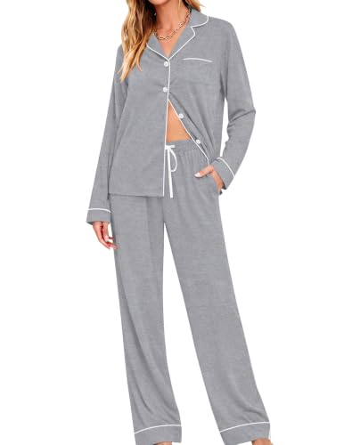 Image of SWOMOG Womens Pajamas Set Long Sleeve Sleepwear Button Down Nightwear Soft Cotton Pj Lounge Sets