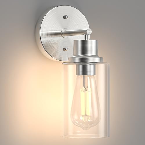 Image of 1-Light Bathroom Wall Sconce with Clear Glass Shade, Modern Vanity Light Fixture Over Mirror for Bathroom, Bedroom, Hallway, Living Room-Brushed Nickel