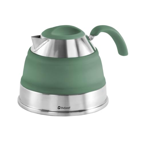 Outwell Collaps Collapsible Camping Kettle 1.5L Foldable Travel Water Kettle Compact Portable Camp Tea Kettle Stainless Steel & Premium Silicone - for Outdoor Camping Travel (Shadow Green)