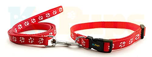 Image of KsPups Dog Collar Leash Set Puppy Printed - Adjustable 15 MM Nylon Collar with Leash for Small Pet and Puppies, Color-Full Collar Leash Set for Puppies, Dog & Cat (15mm Paw Print (RED))
