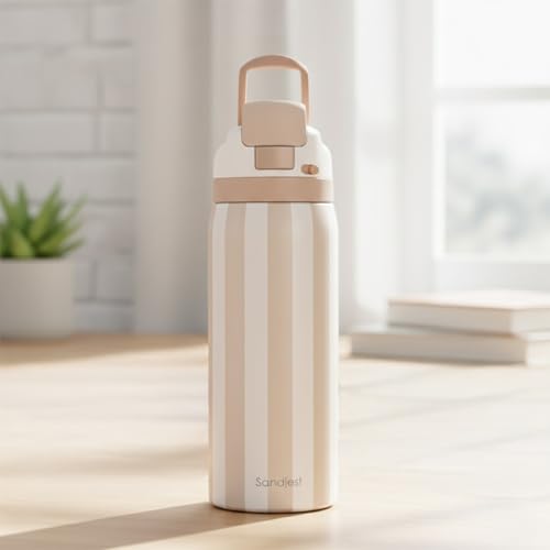 Image of Stripe Insulated Stainless Steel Water Bottle with Straw for Sports and Travel, 32oz, Gifts for Women Girls Friends Teens Birthday Christmas (Brown)