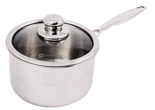Image of Swiss Diamond Premium Clad 5-Ply Stainless Steel 3.6 Quart Saucepan with Lid Included and Satin Exterior Finish, Induction Compatible Sauce Pot - Oven and Dishwasher Safe