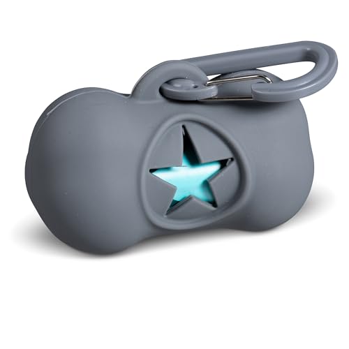 Image of Messy Mutts Silicone Dog Waste Bag Holder | Dog Poop Bag Dispenser with Carabiner and Bags | Unscented Roll Included - 15 bags | Leash Essential | (Grey)