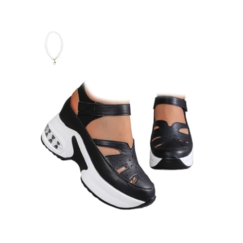 Women's Hollow Out Breathable Platform Wedge Sandals Sneakers,Closed Toe Orthopedic Sandals for Women Wide Width Adjustable Leather White Sandal