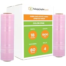 PSBM Anti-Static Stretch Wrap, 4 Pack, 18 Inch x 1500 Feet, 80 Gauge, Pink, Down Gauge Large Plastic Cling Film for Pallets Moving Storing