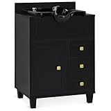 BarberPub Barber Storage Shampoo Station, Spa Textured Embossed Cabinet with Shampoo bowl & Drawers, Hair Salon Sink Backwash Equipment 7131 (Black)