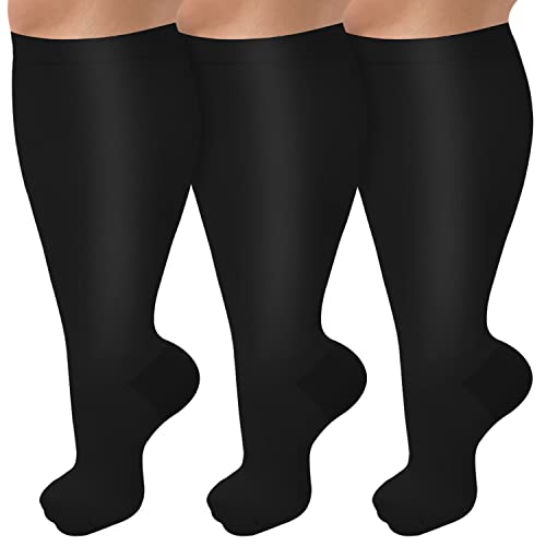 3 Pack Plus Size Compression Socks for Women & Men, Extra Wide Calf Knee High Stockings for Circulation Support