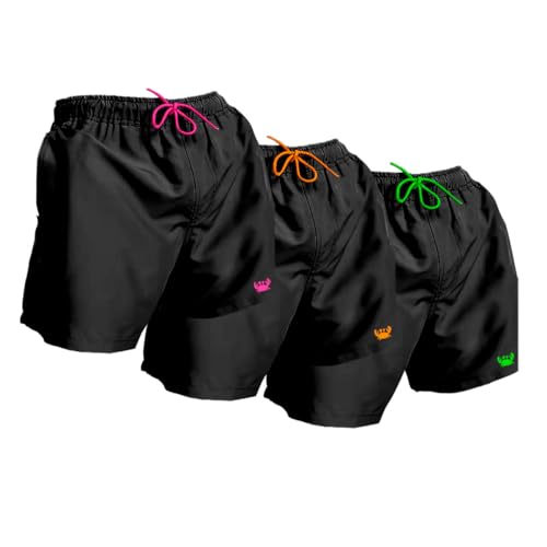 Kit 3 Shorts Moda Praia Lisos Tactel Masculinos Cordão Neon Relaxado (GG, Preto(Verde, Laranja E Ros