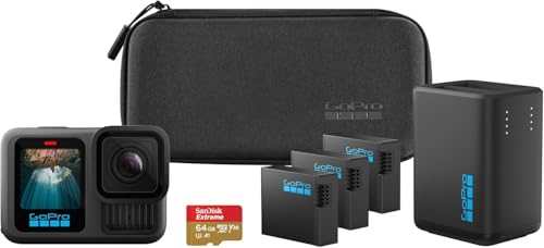 Image of GoPro HERO13 Black Extended Power Bundle - Includes Dual Battery Charger, 3 Enduro Batteries, 64GB microSD Card, Curved Adhesive Mount, and Camera Case