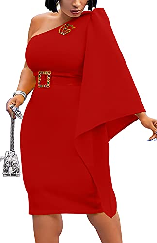 GOBLES Women s Elegant One Shoulder Bell Sleeve Bodycon Back Split Midi Party Dress Red