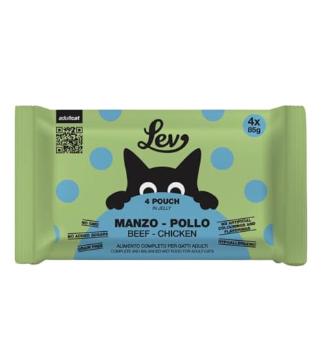 Lev Húmedo Gato Adult 4 Multipack Sabor Carne Pollo, alimento completo para gatos adultos de todas las tallas y razas, hipoalergénico | 4 bolsitas de 85 gramos cada una.