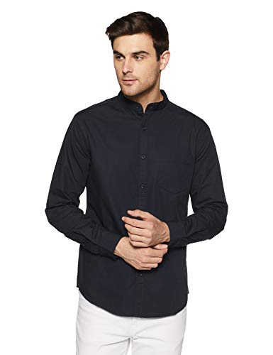 Image of Amazon Brand - Symbol Men's Cotton Shirt | Chinese Collar | Casual | Plain | Full Sleeve | Summer - Regular Fit (Available in Plus Size) (Black + Olive XL) (Combo Pack of 2)